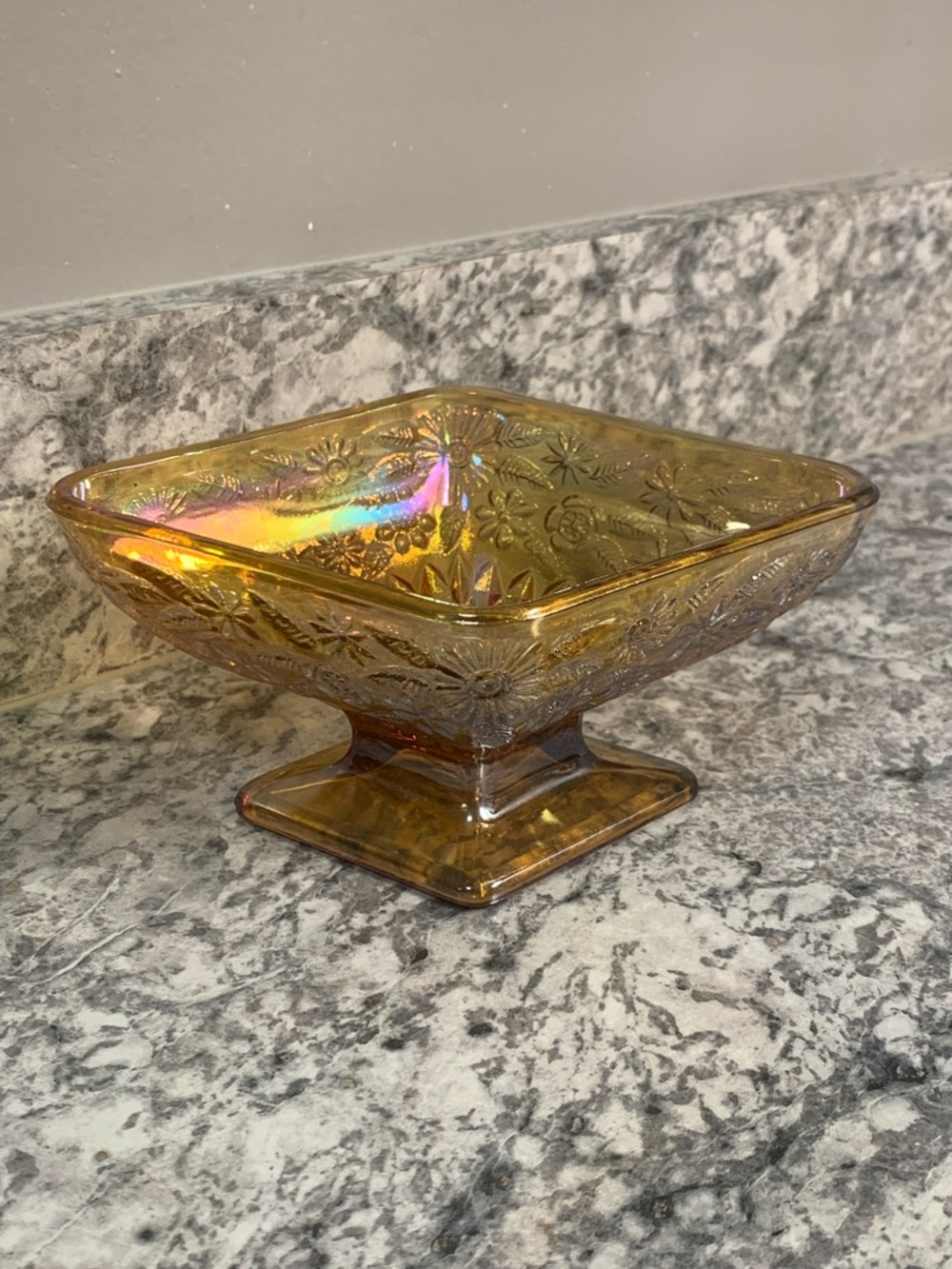 Vintage Indiana Amber Carnival Glass Pedestal Diamond Shaped Centerpiece